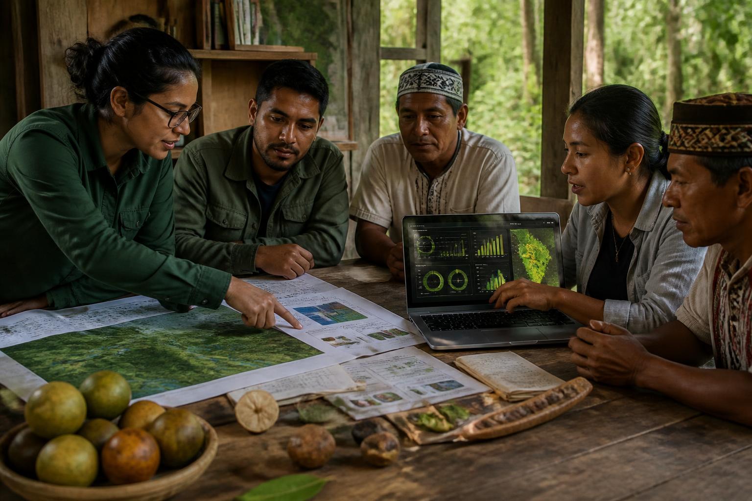 Científicas, productores y autoridades comunitarias analizando datos territoriales juntos