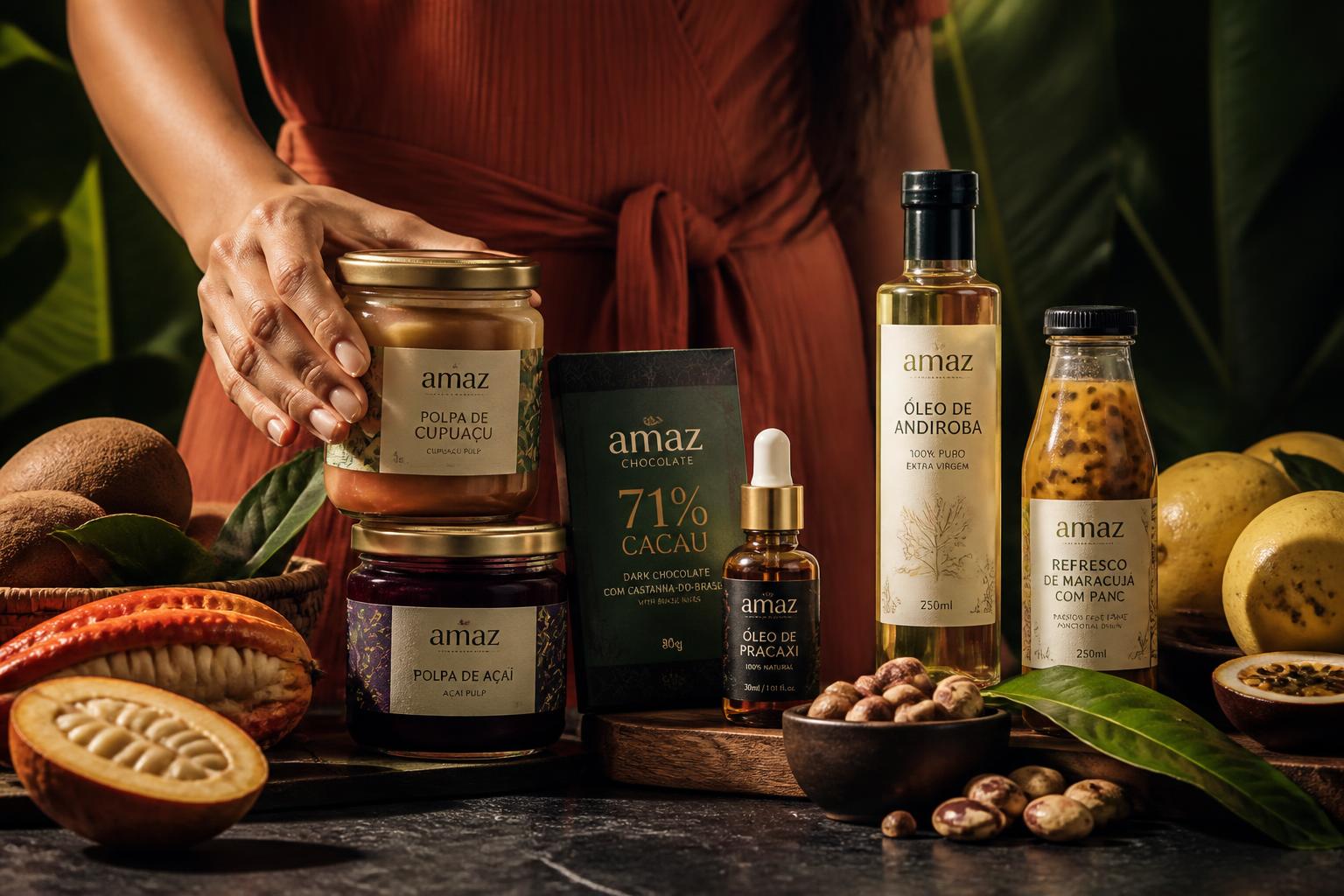 Mesa lifestyle premium con productos amazónicos terminados