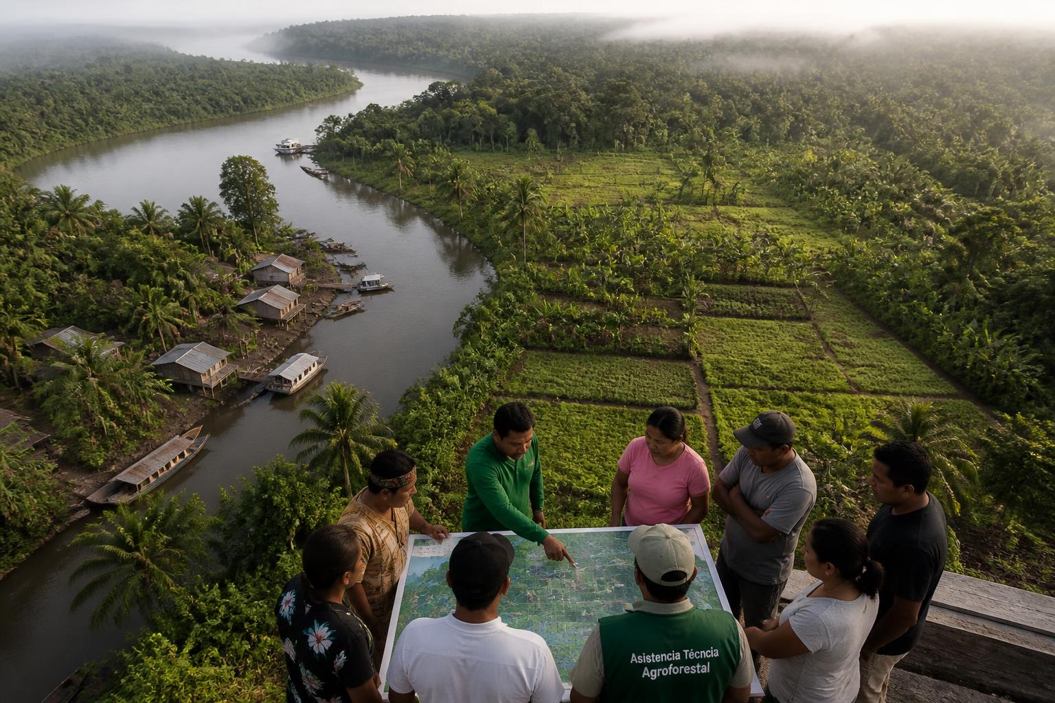 Vista aérea de territorio amazónico con comunidades y ríos
